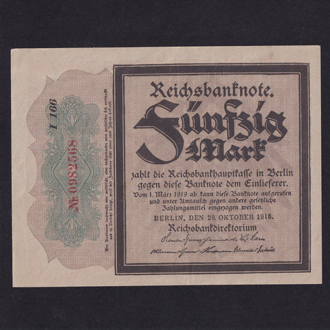 Germany (P.64b) 50 Marks, 20th October 1918, mourning note, no.0982568, watermark B, Good VF