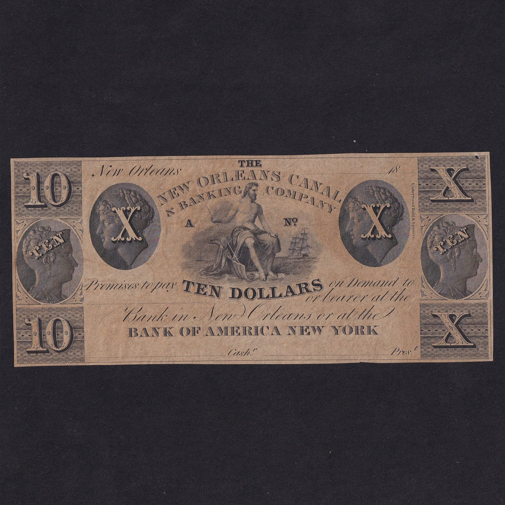 US Obsolete - New Orleans Canal & Banking Company, $10, 18xx, unissued, large pinhole, Good EF