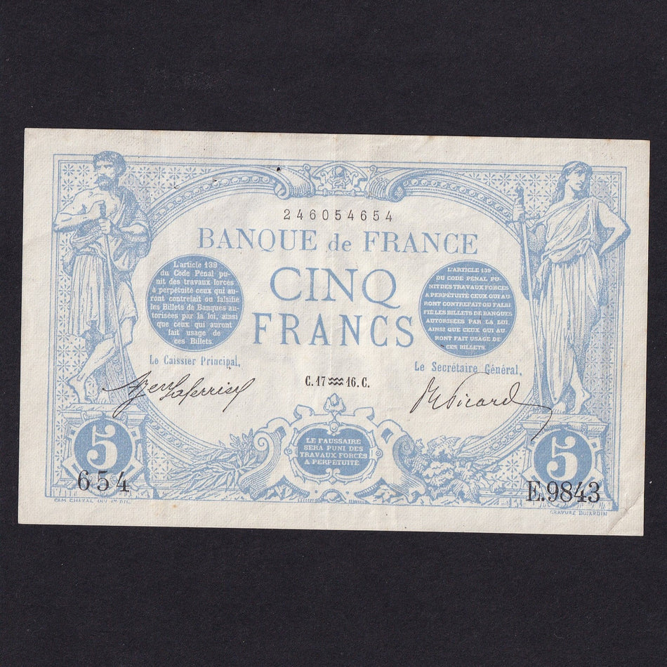 France (P70a) 5 Francs, 17th Aquarius 1916, F9843654, VF