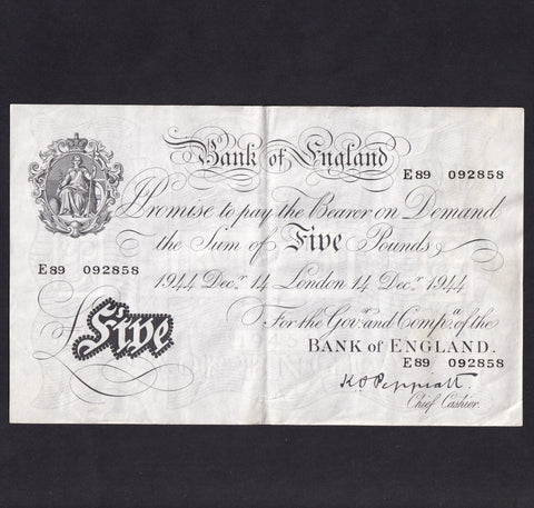 Bank of England (B255) Peppiatt, £5, 14th December 1944, E89 092858, thick paper, Fine/VF
