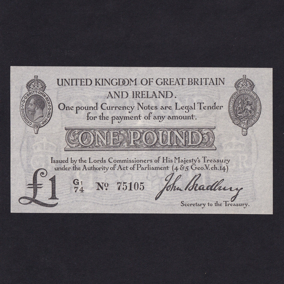 Treasury Series (T11) Bradbury, £1,1914, 2nd issue, G1/74 75105, centre fold, Good EF