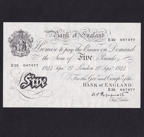 Bank of England (B255) Peppiatt, £5, 27th September 1944, thick paper, E22 047477, pressed, VF