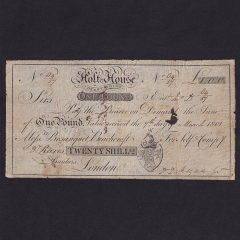 Provincial - Holt House, Derbyshire, 20 Shillings, 1801, for D. Dakeyne Jr., outing 970a, Fine