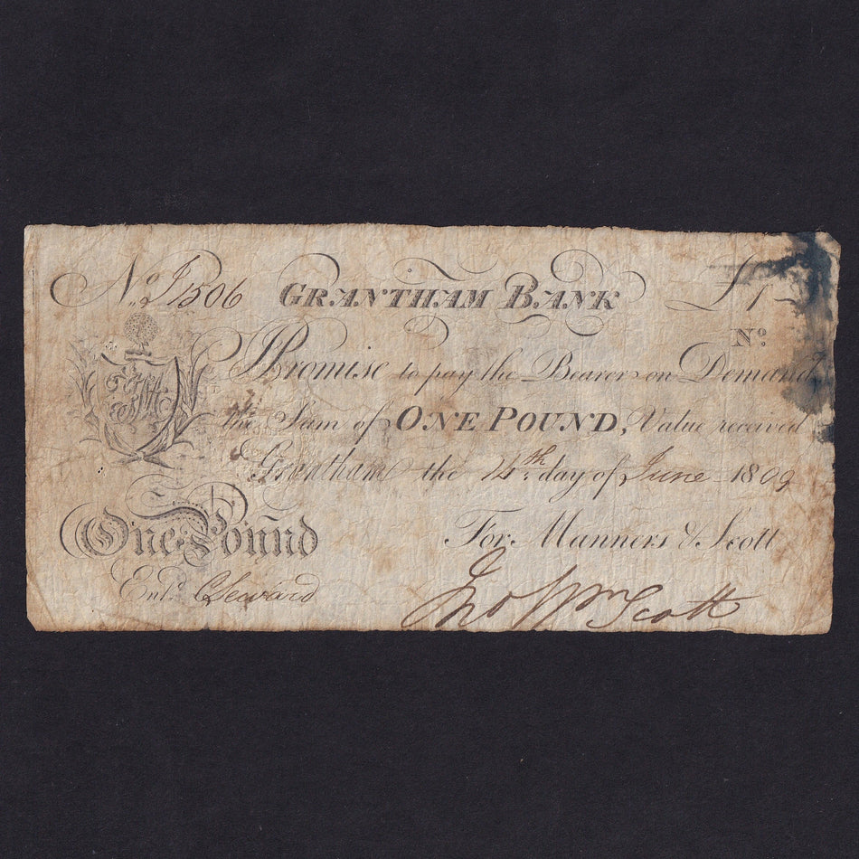 Provincial - Grantham Bank, £1, 1809, for Manners & Scott, Outing 841b, Fine