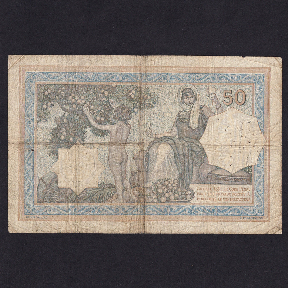 Algeria (P.80a) 50 Francs, 11th February 1929, Q99036, pinholes, VG