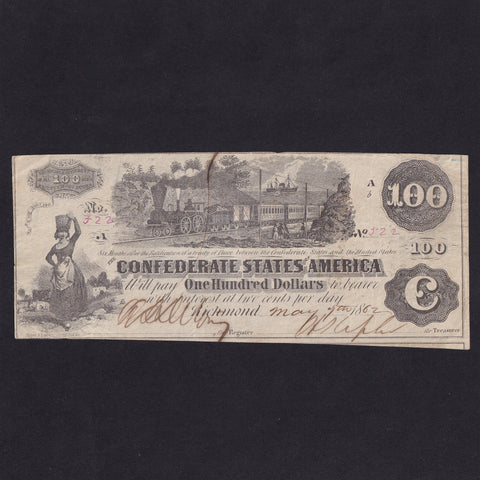 Confederate States (P43a) $100, 1862, no.552, printer Hoyer & Ludwig, Good VF