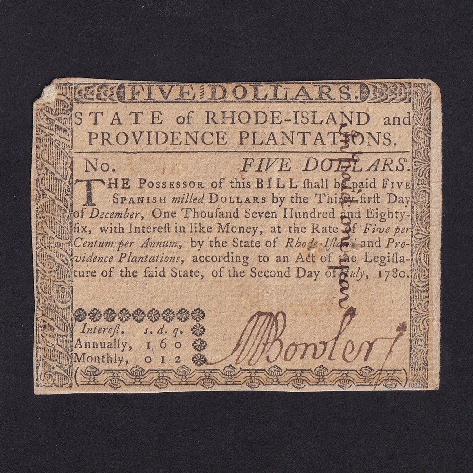 US Colonial (PS3028) Rhode Island, $5, 2nd July 1780, corner damage, VF
