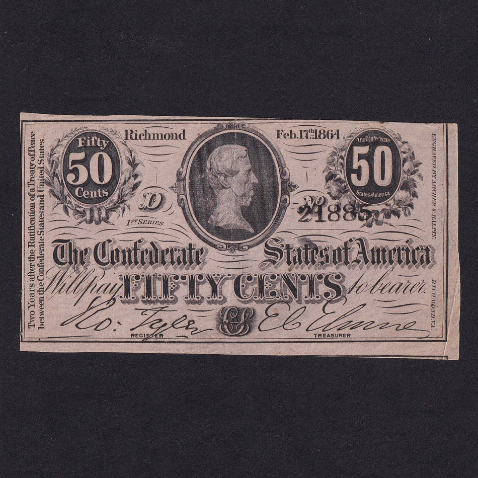 Confederate States (P64a) 50 Cents, 1864, Jefferson Davies, 1st series, VF