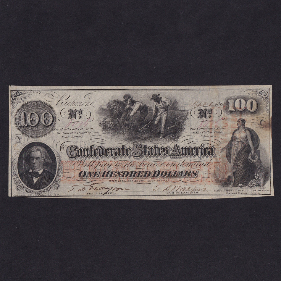 Confederate States (P45) $100, 1862, no.8074, ink mark, otherwise VF