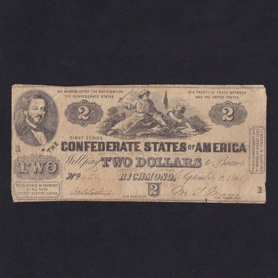 Confederate States (P13) $2, 2nd September 1861, Benjamin, incorrect date for an 1862 issue, Poor