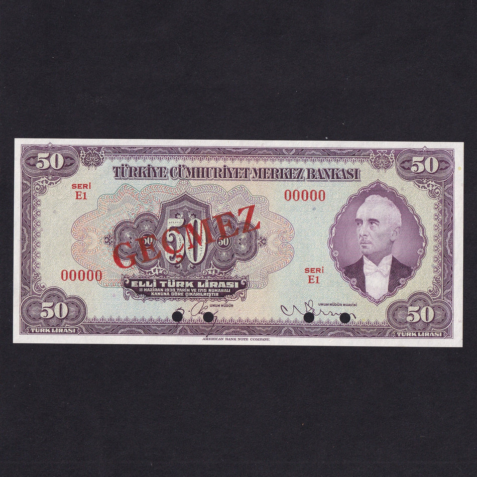 Turkey (P142As) 50 Lira specimen, seri E1, 00000, President Inonu with white bowtie, UNC