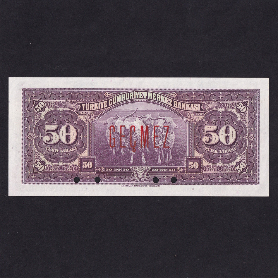 Turkey (P142As) 50 Lira specimen, seri E1, 00000, President Inonu with white bowtie, UNC