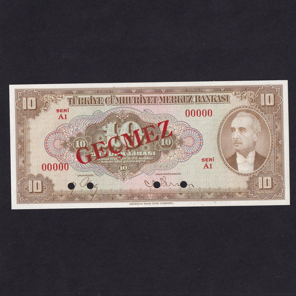 Turkey (P148s) 10 Lira specimen, 1948, seri A1, President Inonu, UNC