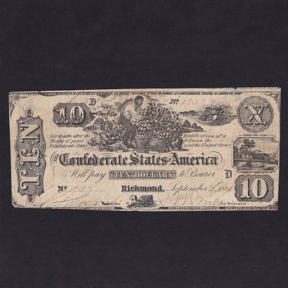 Confederate States (P28) $10, 1861, thinning, VG