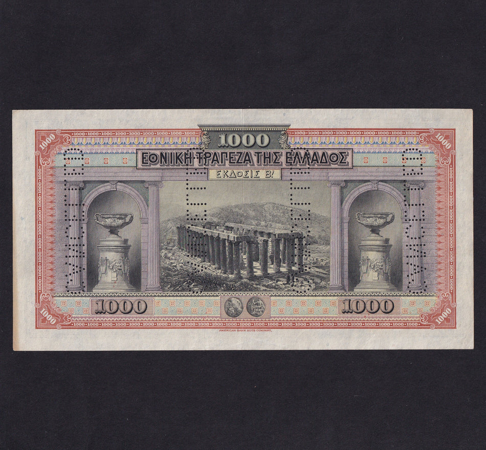 Greece (P69s) 1000 Drachmai specimen, 1921, some rust, Good EF