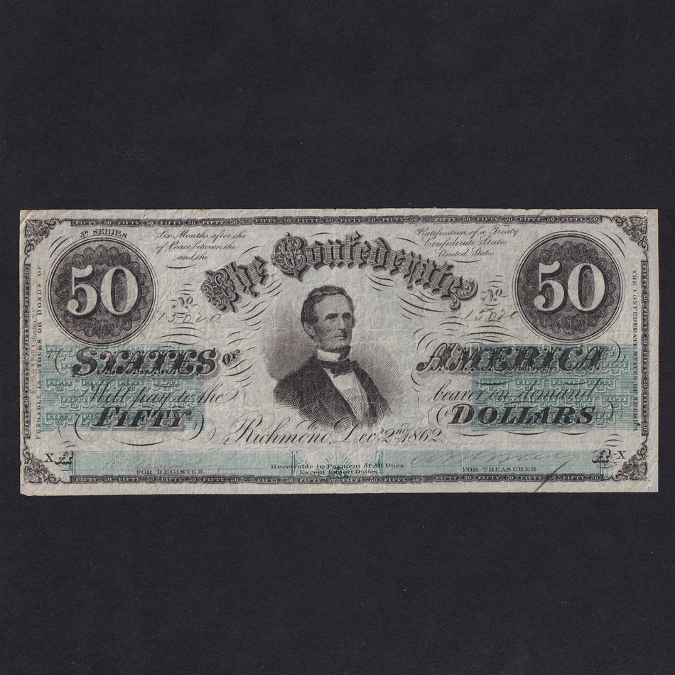 Confederate States (P54b) $50, 1862, Jefferson Davies, no.15020, Keating & Ball SC, A/VF