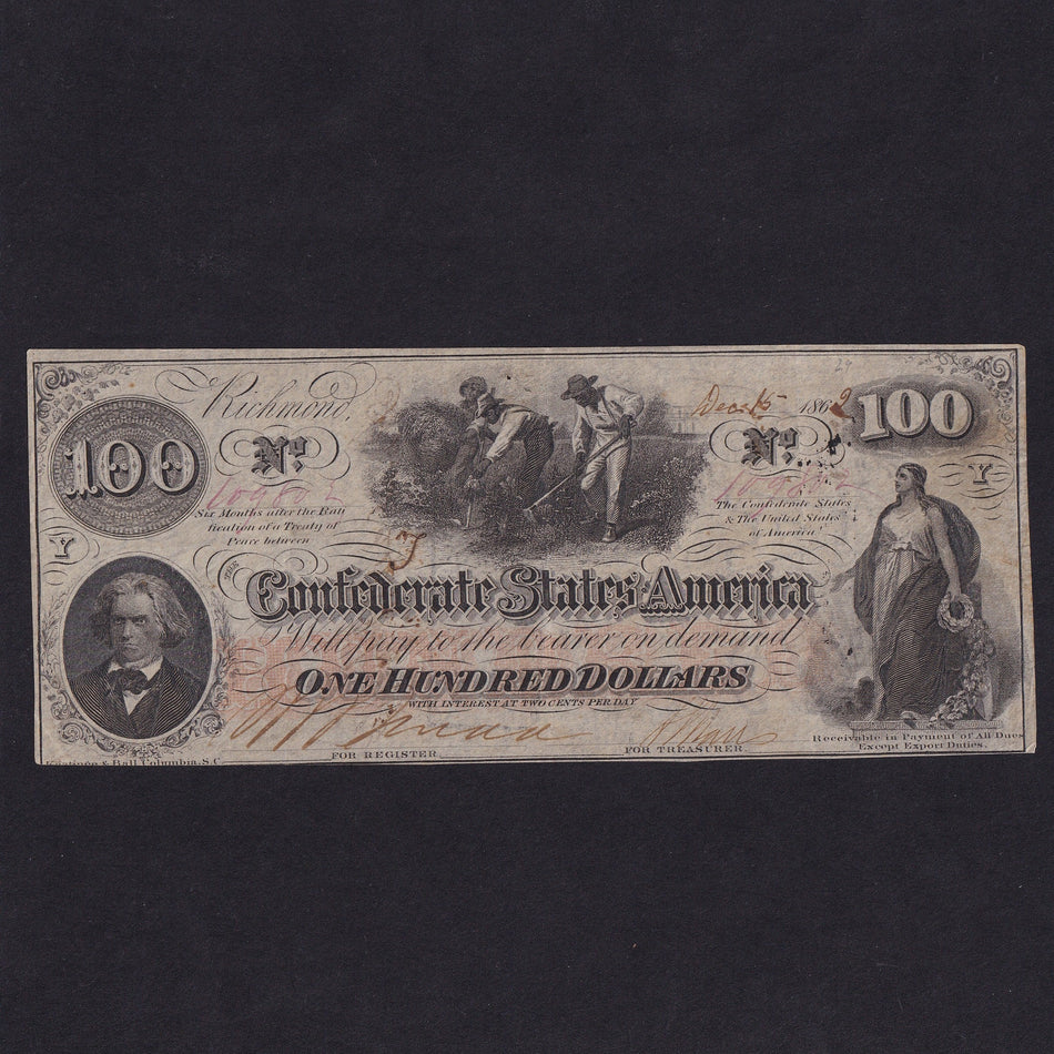 Confederate States (P45) $100, 1862, Calhoun at left, scroll type 2, frame line stops at Except, no.109802, SA in watermark, the 'S' is wrong way round (sheet put in upside down), pinhole, rust, VF
