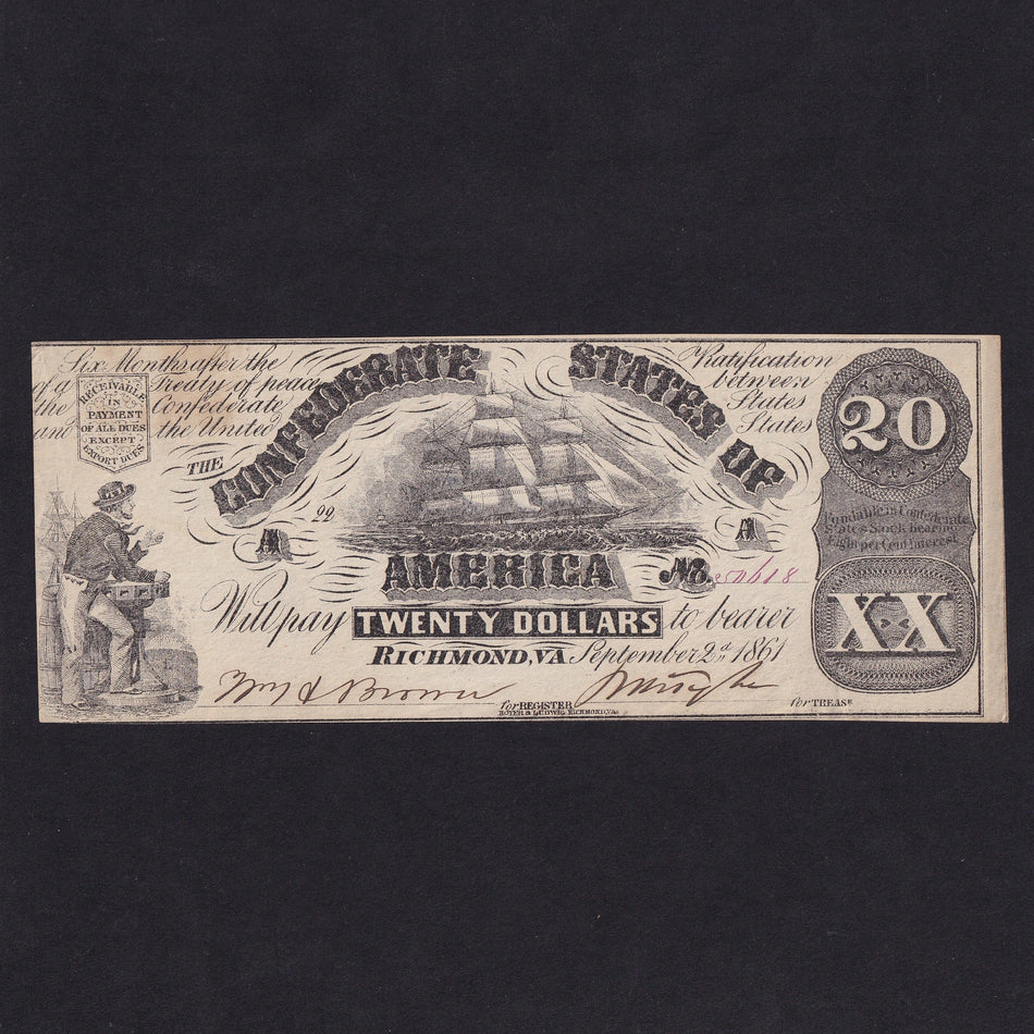 Confederate States (P31a) $20, 1861, ship, printer H & L, no.50618, slight rust, EF