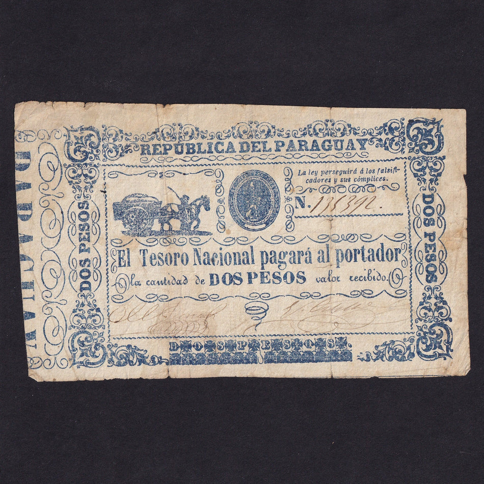 Paraguay (P22) 2 Pesos, 1865, no.135392, horse cart, VG