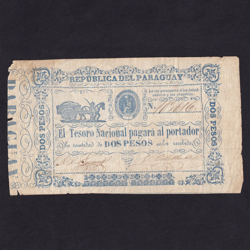 Paraguay (P22) 2 Pesos, 1865, no.108616, horse cart, VG