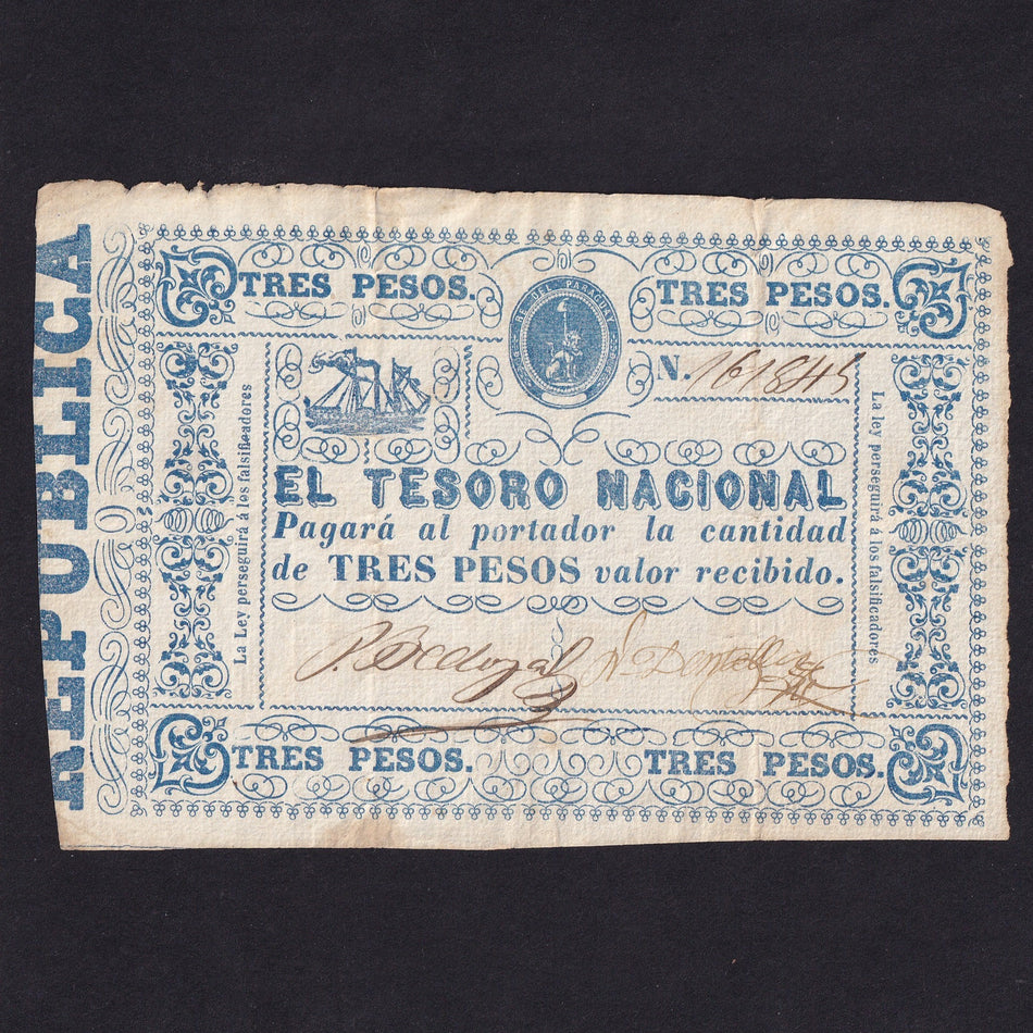 Paraguay (P23) 3 Pesos, 1865, ship, no.161845, Fine