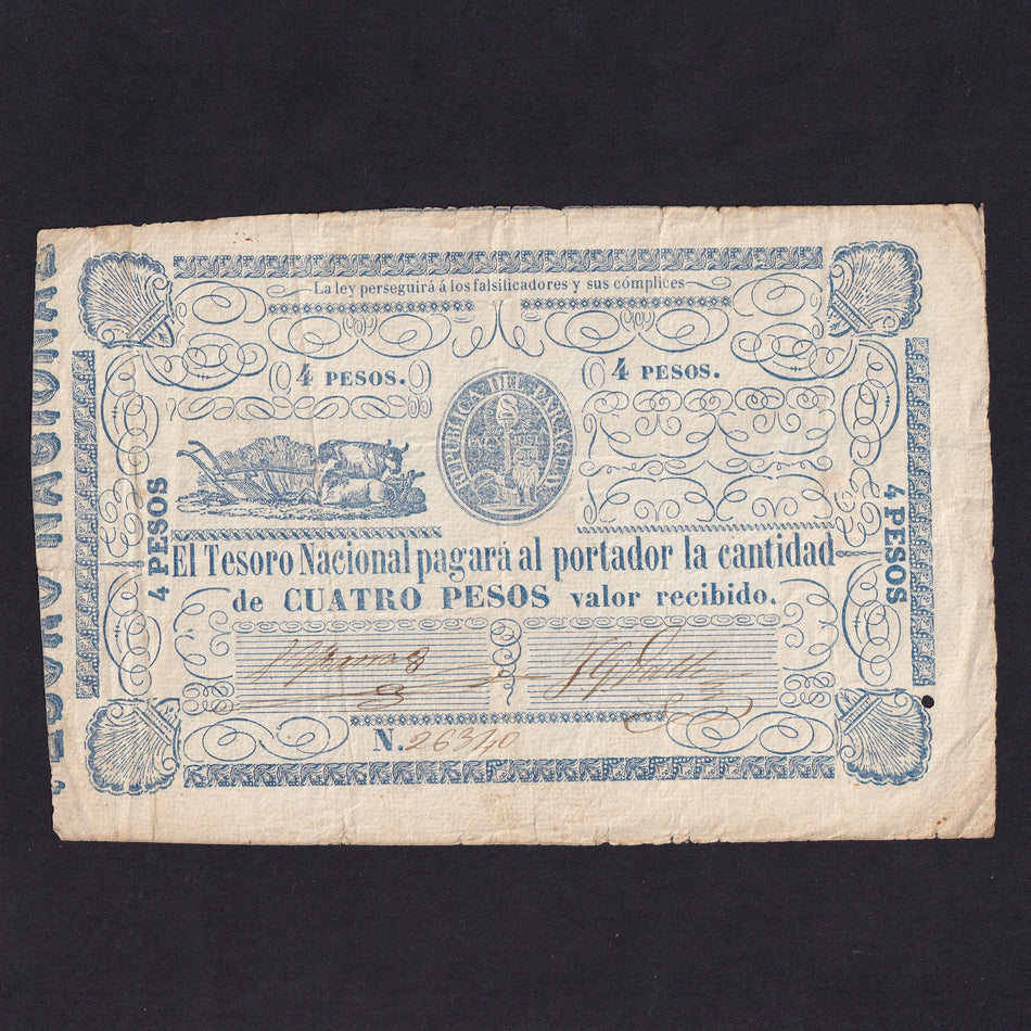 Paraguay (P24) 4 Pesos, 1865, oxen with plough, no.26340, Fine