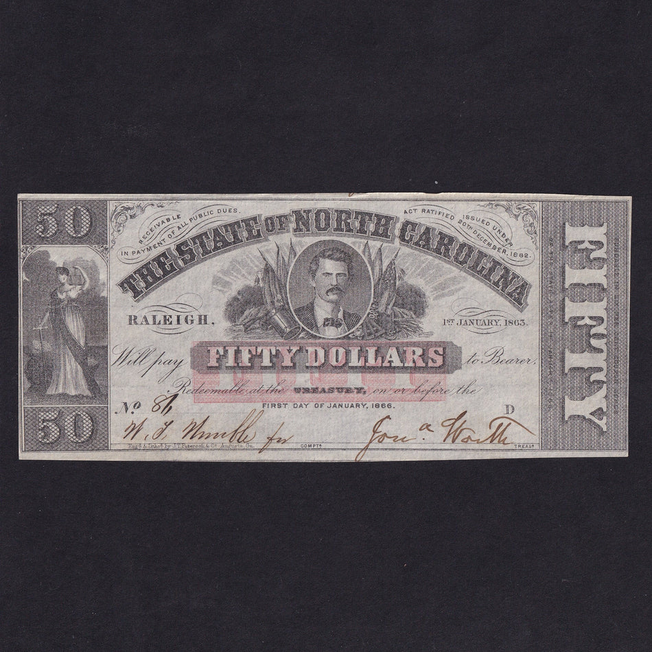 USA (PS2373b) North Carolina Civil War, $50, 1863, Governor Vance centre, watermark paper, no.86, Good EF