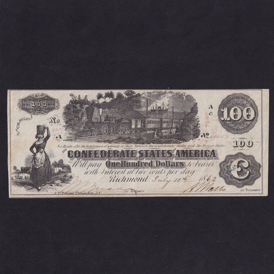 Confederate States (P43b) $100, 1862, milkmaid, straight steam, series Ac, no.19251, Paterson printer, fold, Good EF