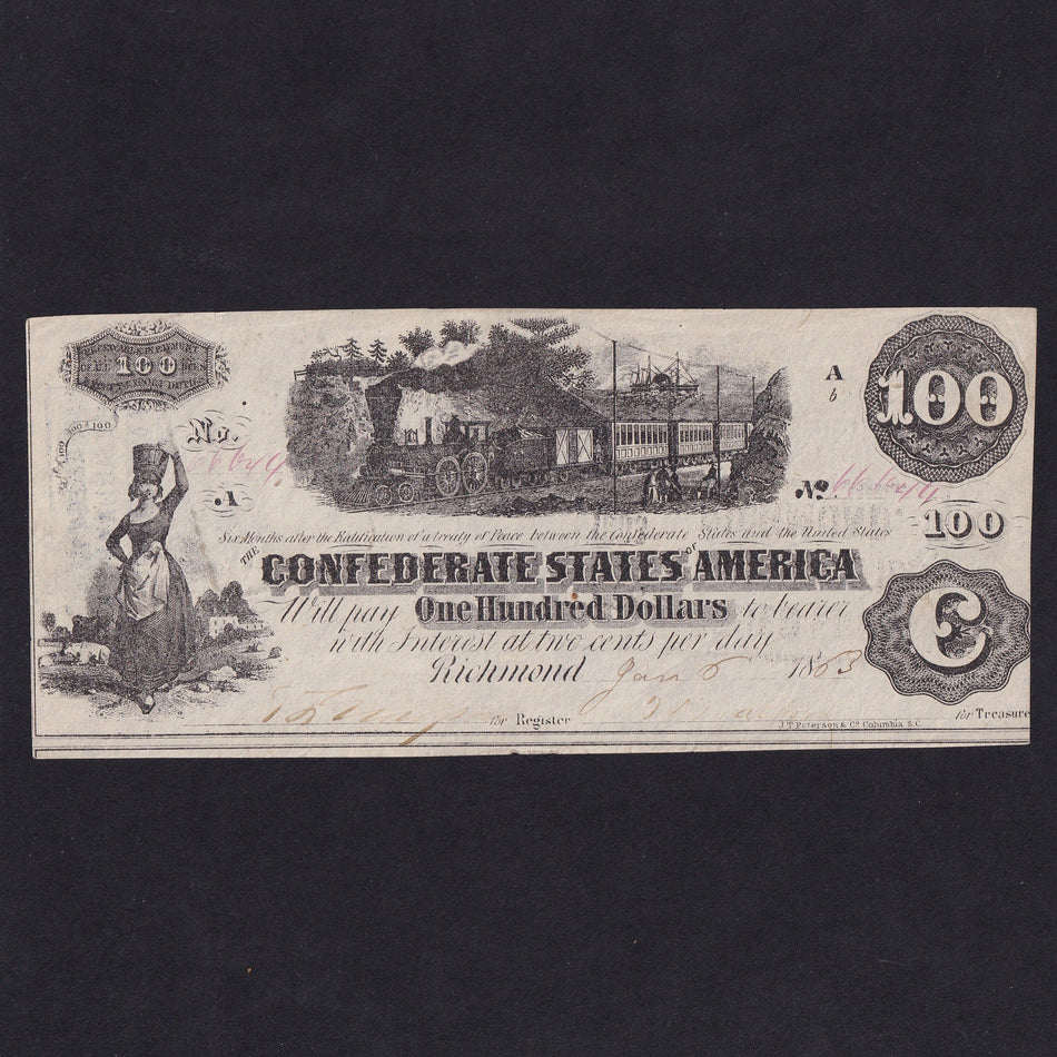 Confederate States (P44) $100, 1863, milkmaid, diffused steam, series Ab, no.66644, pinholes, Good EF