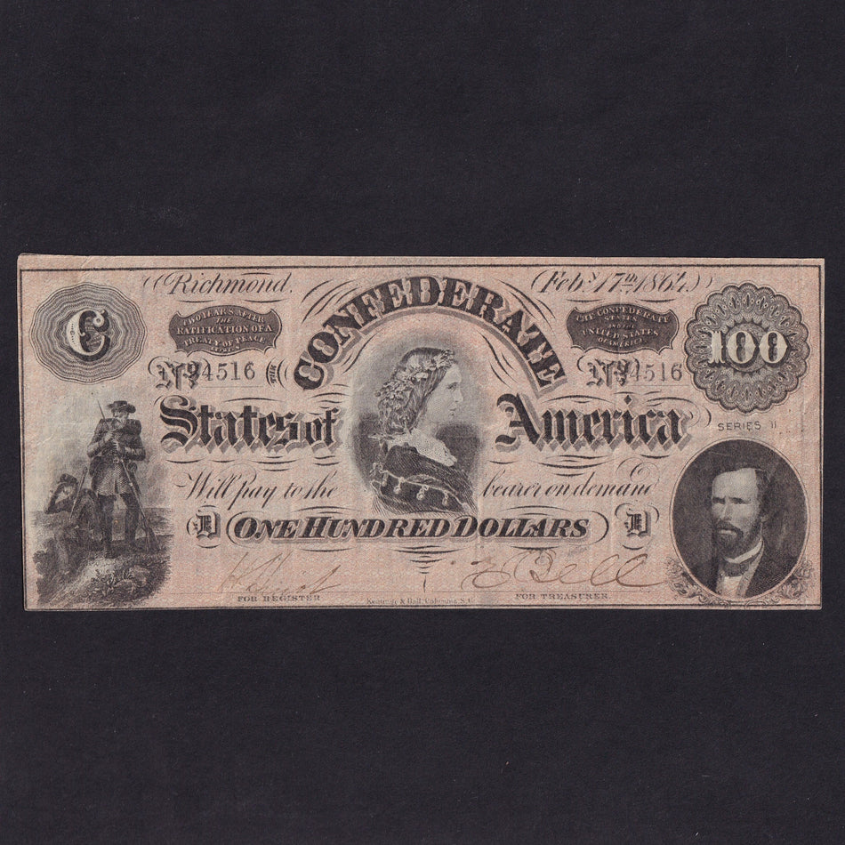 Confederate States (P71) $100, 1864, Lucy Pickens, no.4516, VF