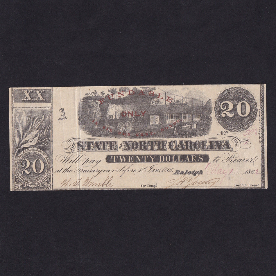 USA (PS2349) North Carolina Civil War, $20, 1862, wheat at left, train centre, fundable 6% only, Good VF/EF