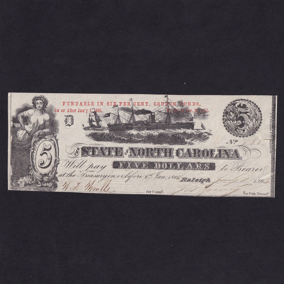 USA (PS2368b) North Carolina Civil War, $5, 1863, 'fundable only in six per cent, coupon bonds', in straight line, steamship centre, Good EF