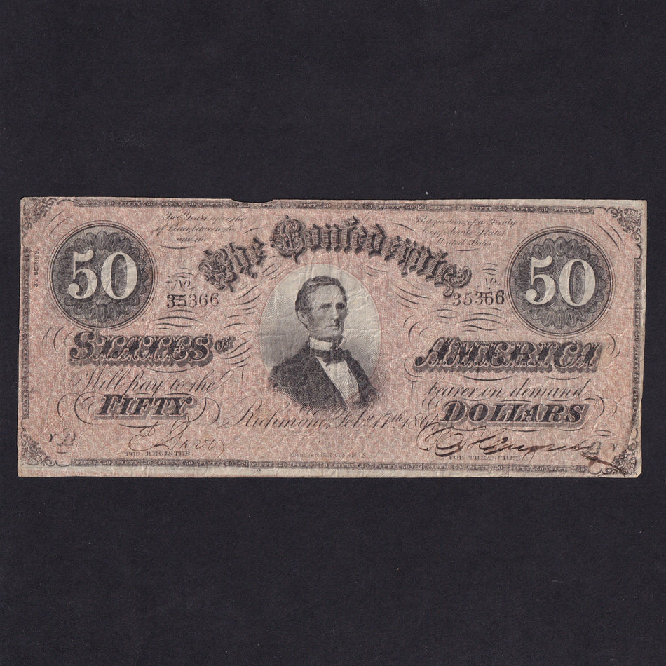 Confederate States (P70) $50, 1864, Jefferson Davies, VG