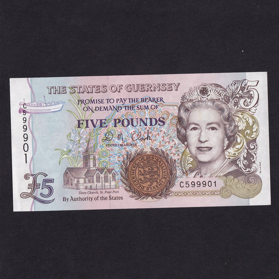 Guernsey (P56b) £5, Clarke signature, C59990x, within the last 100 notes as 600,000 issued, QEII, UNC
