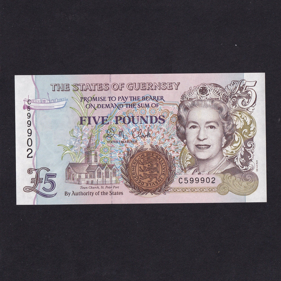 Guernsey (P56b) £5, Clarke signature, C59990x, within the last 100 notes as 600,000 issued, QEII, UNC