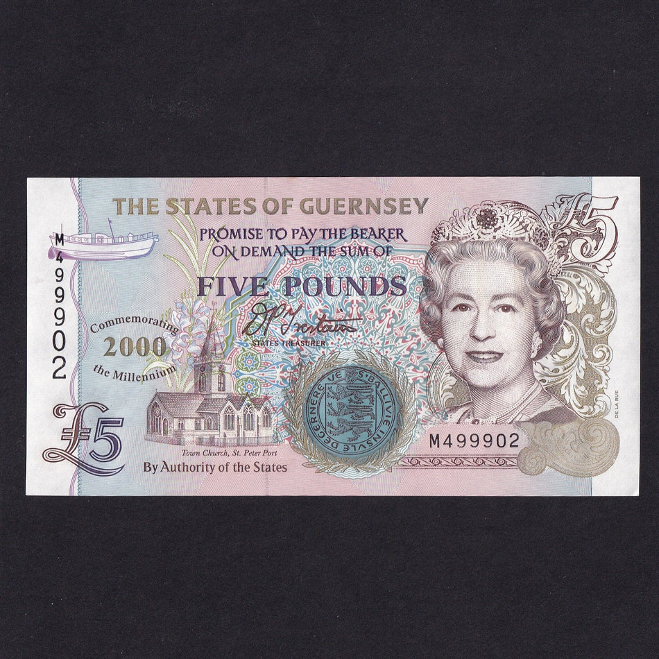 Guernsey (P60) £5, 2000, Commemorating the Millennium, M49990x, within the last 100 notes as 500,000 issued, UNC