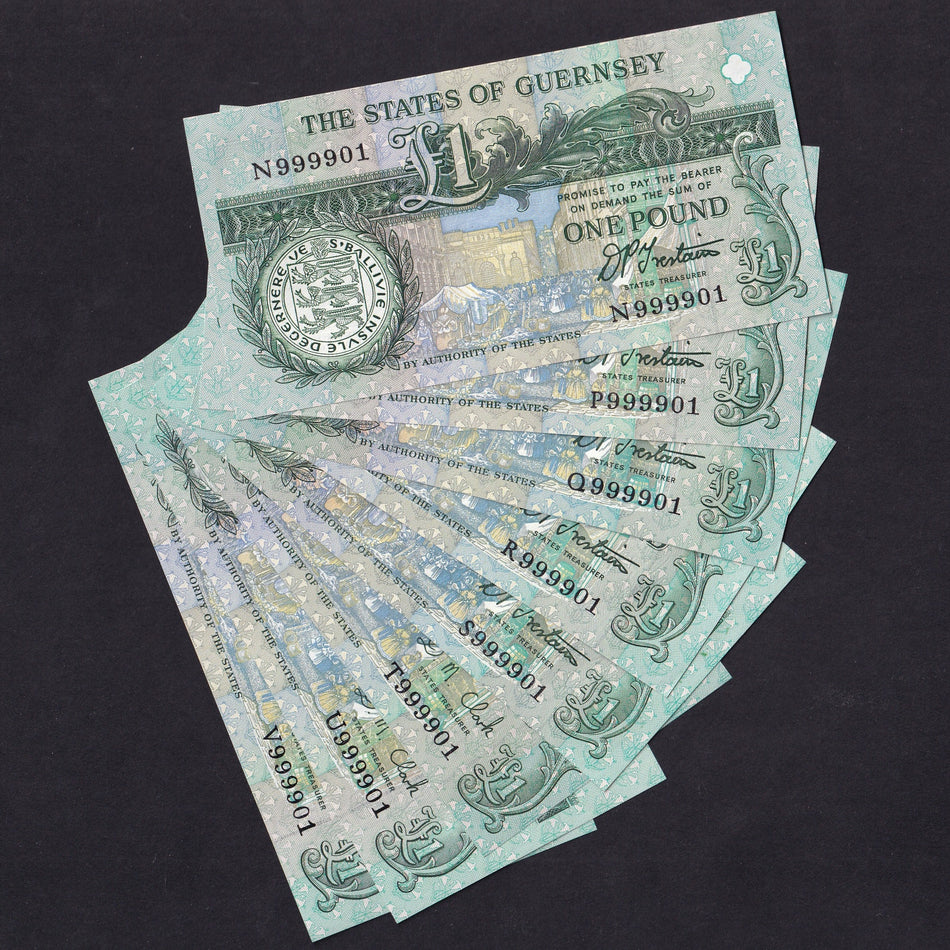Guernsey, £1 note set (8 notes), last 100 notes of prefix matched set, N/ P/ Q/ R/ S/ T/ U/ V999902, UNC,