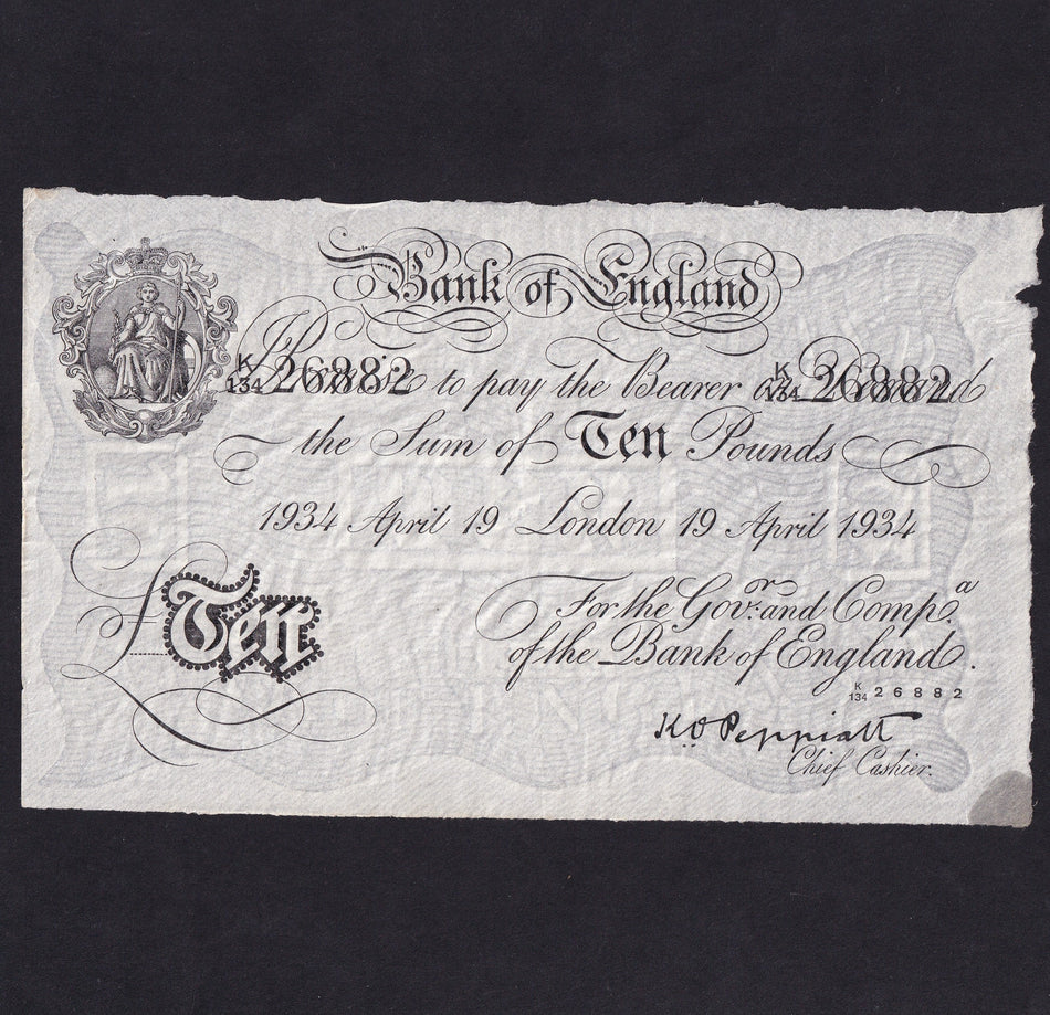 Operation Bernhard - Nazi forgery 1942-44, Peppiatt , £10, 19th April 1934, K134 26882, oil mark, otherwise Fine