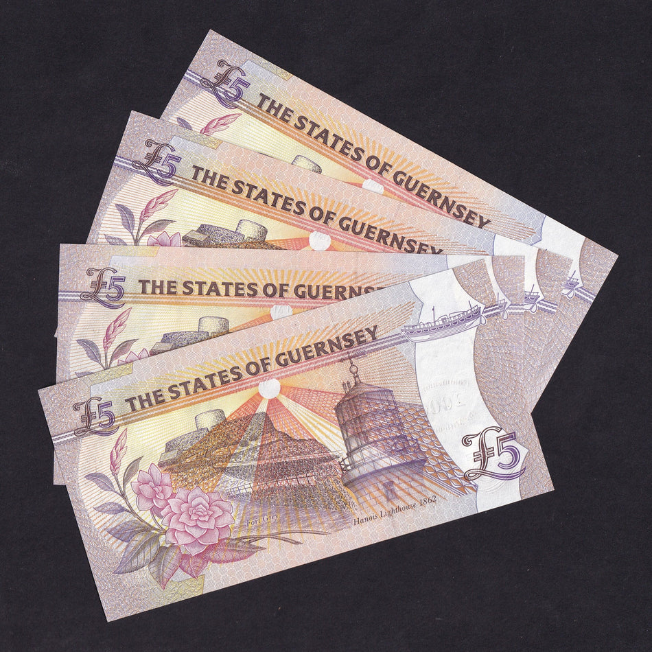 Guernsey (P56a, P56b & P60) $5 type set (4 notes) all ending with 11, within the last 100 notes of prefix A, B, C &amp; M, issued, UNC