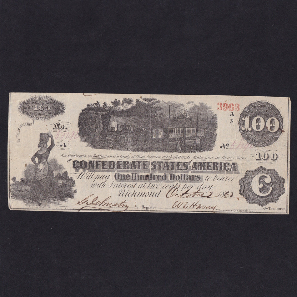 Confederate States (P43b) $100, 1862, milkmaid, diffused steam, series Ab, no.58192, Paterson printer, VF