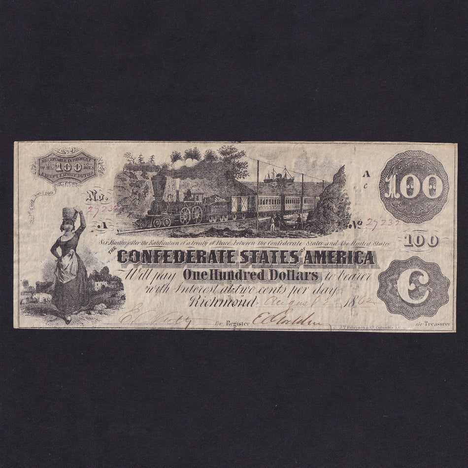 Confederate States (P43b) $100, 1862, milkmaid, straight steam, series Ac, no.27232, Paterson printer, VF