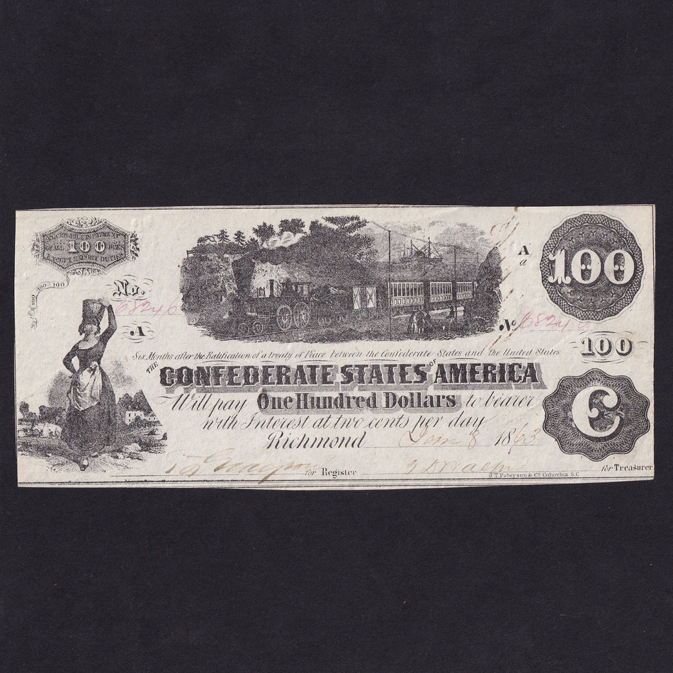 Confederate States (P44) $100, 1863, milkmaid, diffused steam, series Aa, no.68246, pinholes, A/UNC