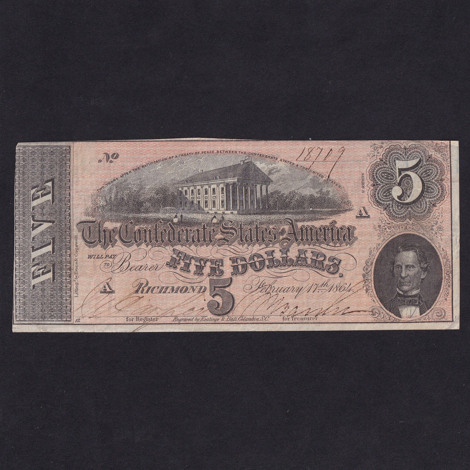 Confederate States (P67) $5, 1864, Memminger, no.18709, VF