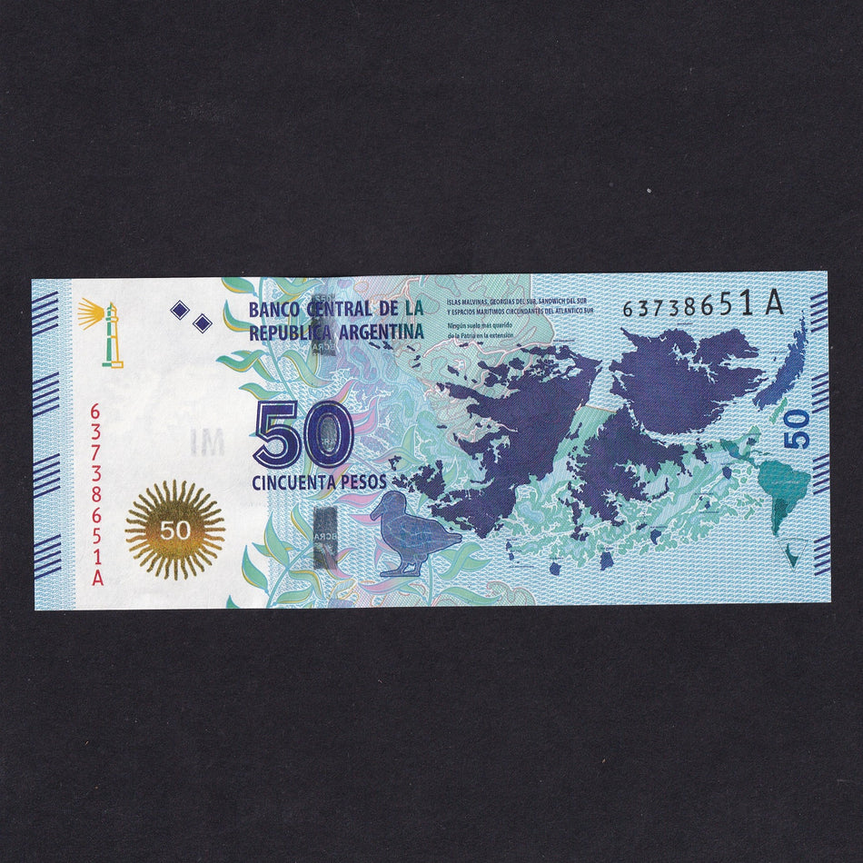 Argentina (P362) 50 Pesos, 2015, showing map of Falkland Islands, UNC