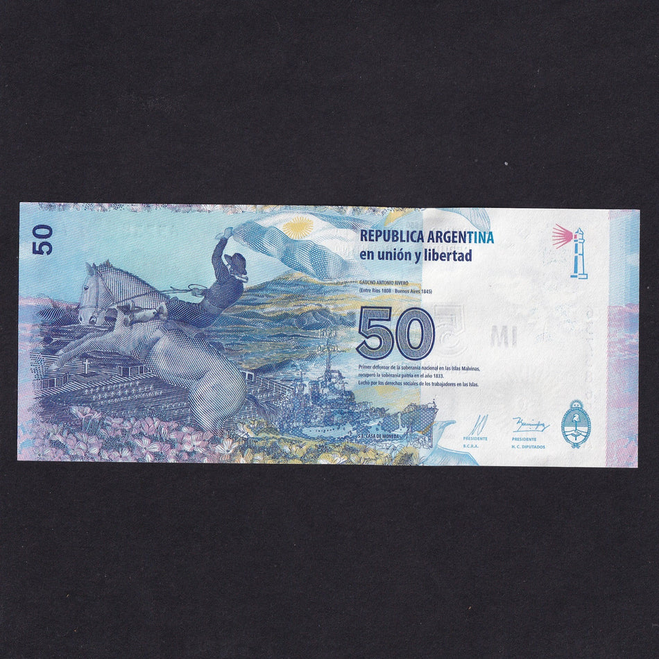 Argentina (P362) 50 Pesos, 2015, showing map of Falkland Islands, UNC