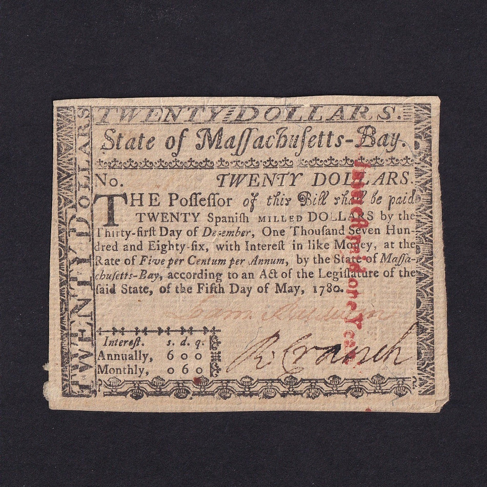 USA (PS1343) Massachusettes, $20, 5th May 1780, no.2212, slight mount mark, otherwise EF