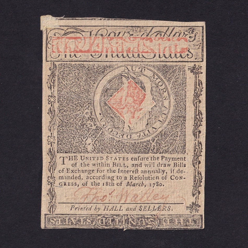 USA (PS1339) Massachusetts, $4, 5th May 1780, no.7564, slight mount mark, otherwise Good EF