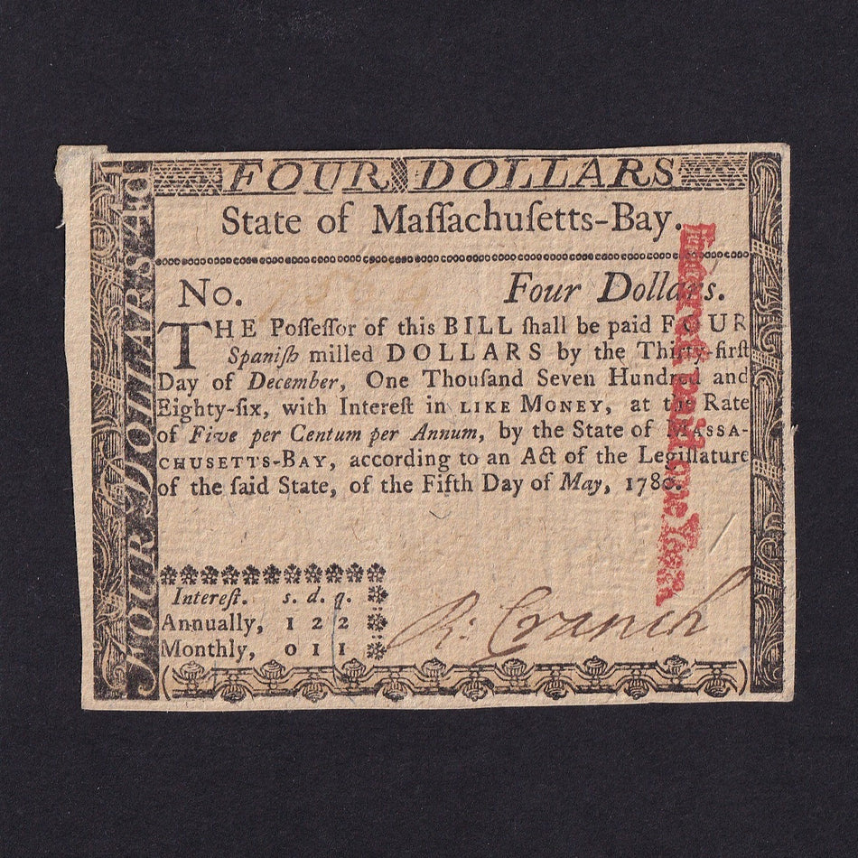 USA (PS1339) Massachusetts, $4, 5th May 1780, no.7564, slight mount mark, otherwise Good EF
