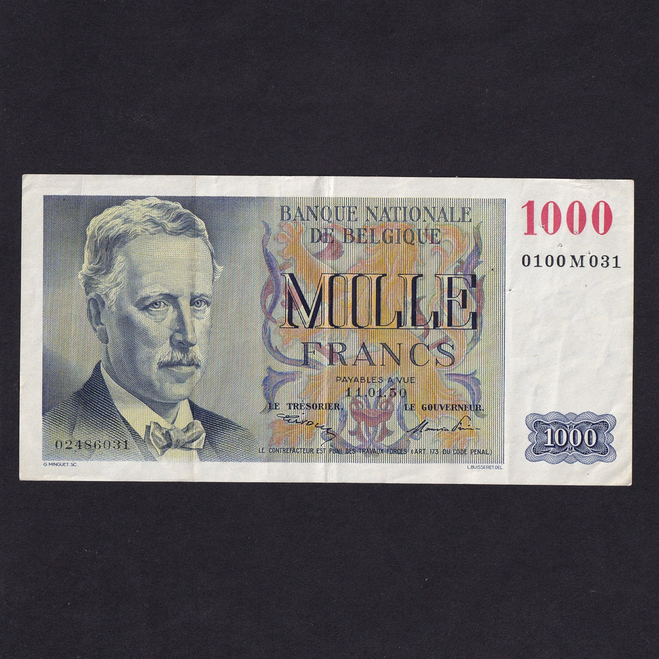 Belgium (P131a) 1000 Francs, 11th January 1950, King Albert, pinholes, otherwise A/EF