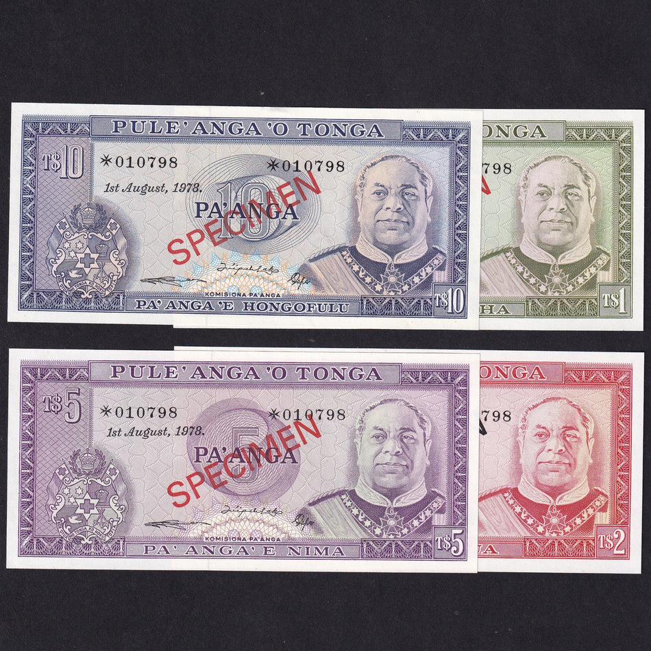 Tonga (PCS1) 1, 2, 5 & 10 Pa'anga specimen set (4 notes) collector's series, no.010798, UNC